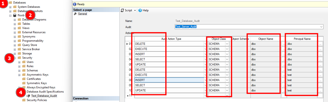 ms sql Database audit specification create