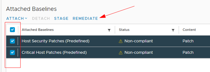 vSphere Lifecycle Manager Stage Baselines REMEDIATE