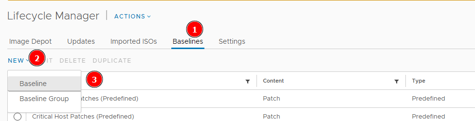 Lifecycle Manager baseline create