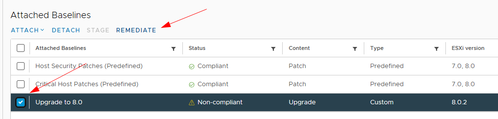 Lifecycle Manager Attached Baselines REMEDIATE